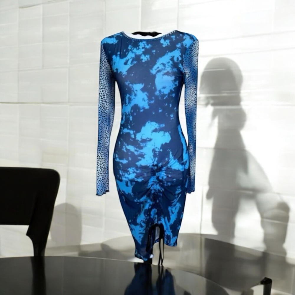 Women’s Sheer Mesh Long Sleeve Bodycon Cover Up Dress Blue Size Small NWOT